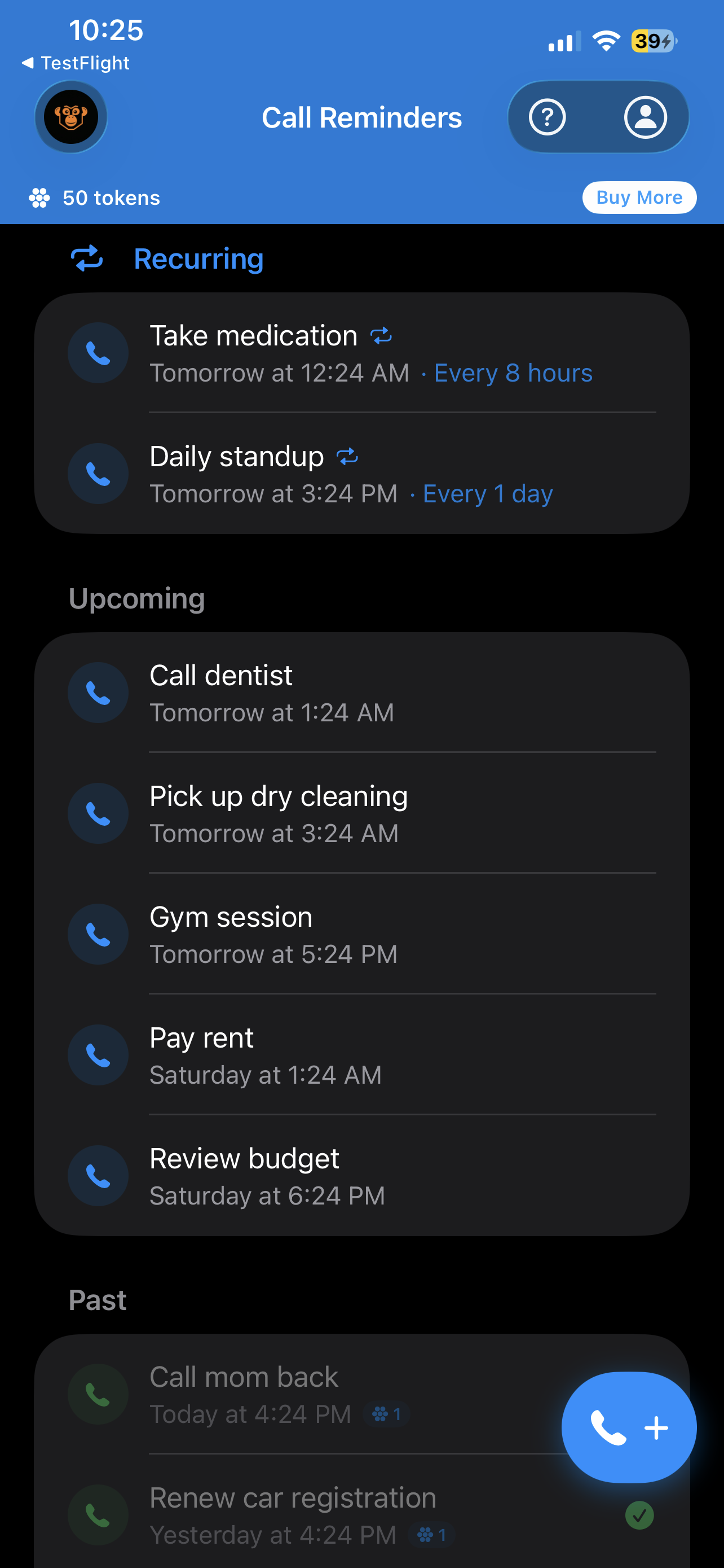 Ape Alert reminders list showing recurring and upcoming reminders